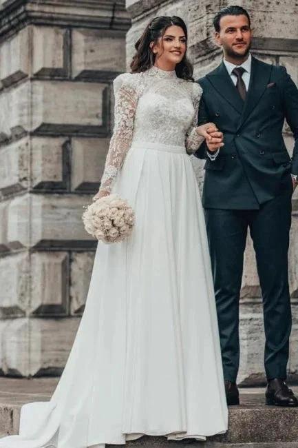 Beautiful A-line Long High Neck Lace Chiffon Wedding Dresses with Long Sleeves (ZD15625)