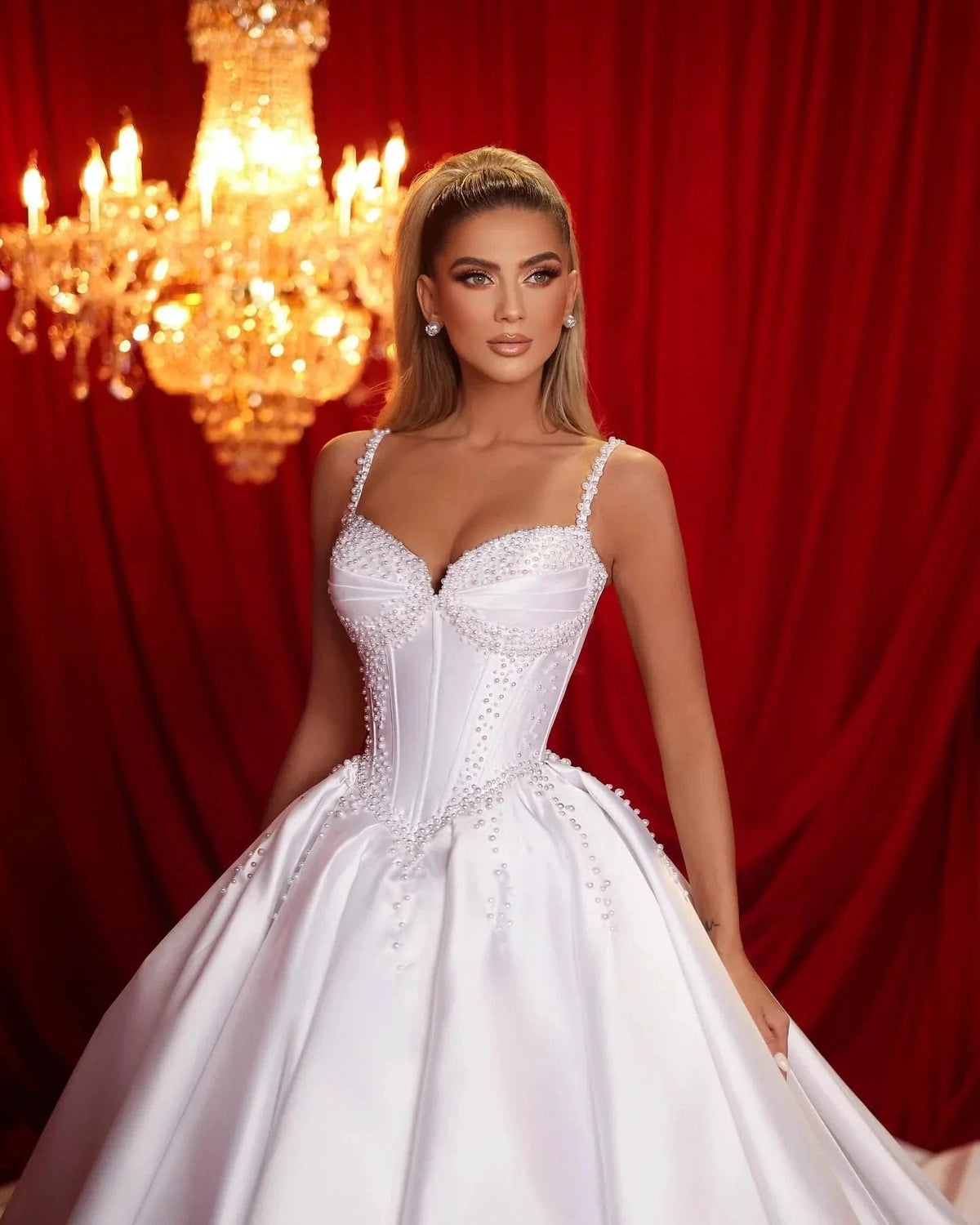 Beautiful A-line Spaghetti Straps Sleeveless Ruffles Satin Train White Long Wedding Dress (ZD15618)