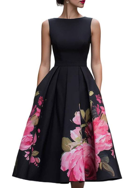 Beautiful Black O Neck Print Wrinkled Cotton Dress Sleeveless