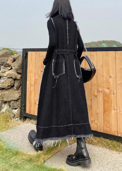 Beautiful Denim Black Tunics O Neck Patchwork Maxi Spring Dress