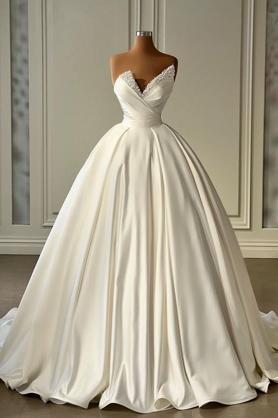 Beautiful Long Ivory A-line Satin Princess Wedding Dress with Pearl Details (ZD17485)