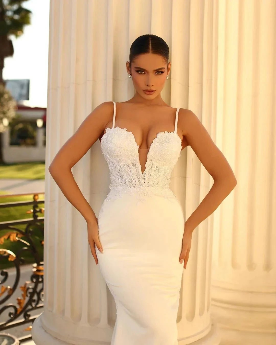Beautiful Long Ivory Mermaid Spaghetti Straps Lace Satin Laced-up Wedding Dress (ZD15654)