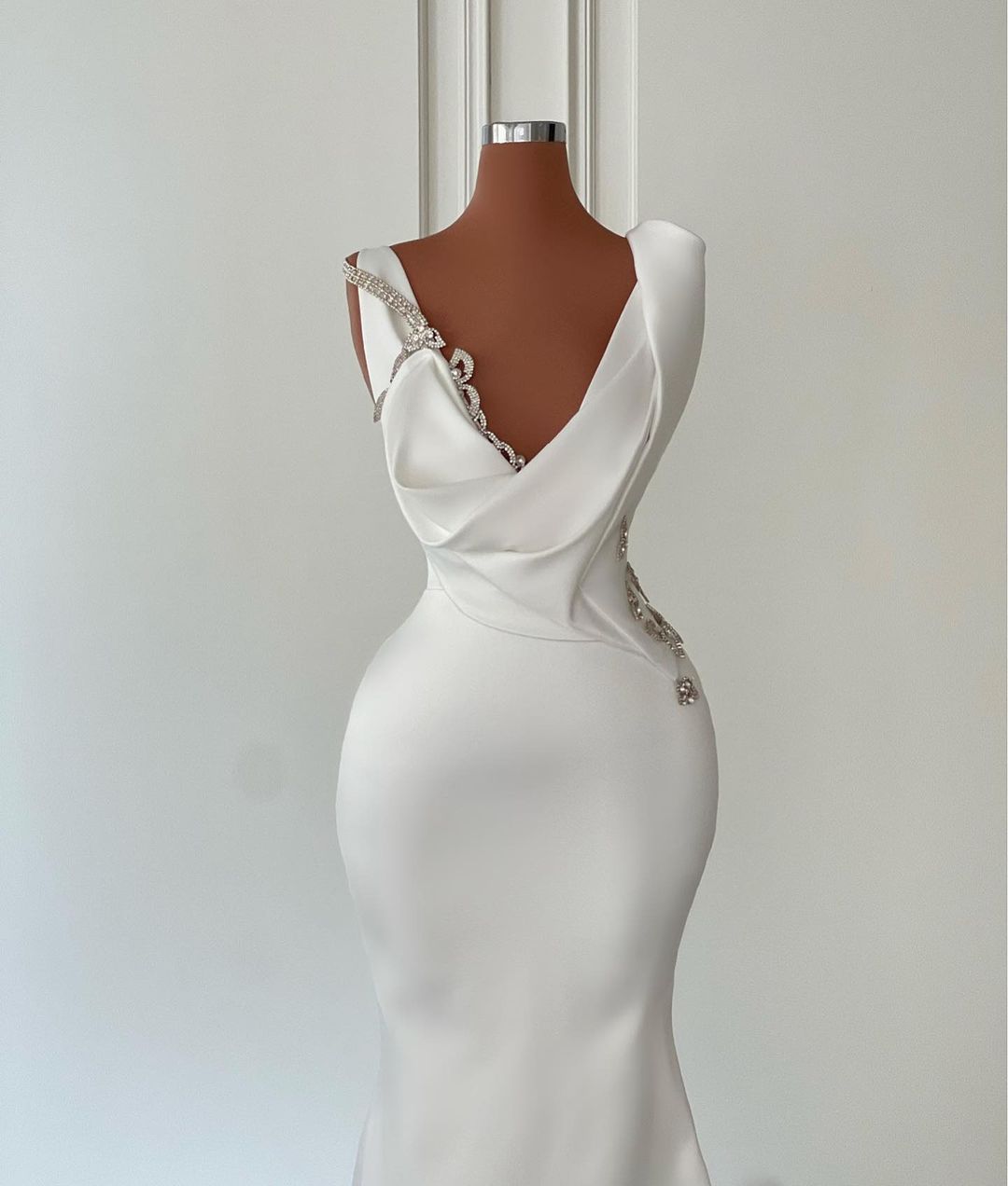 Beautiful Long Ivory Mermaid V-neck Satin Beaded Wedding Dress Sleeveless (ZD17482)