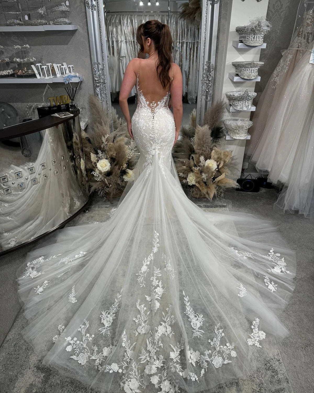Beautiful Long Mermaid Spaghetti Straps V-neck White Wedding Dresses With Lace (ZD15628) - View 2 | VelvetHem
