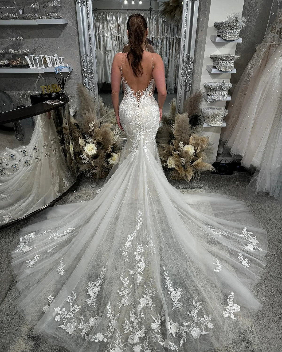 Beautiful Long Mermaid Spaghetti Straps V-neck White Wedding Dresses With Lace (ZD15628)