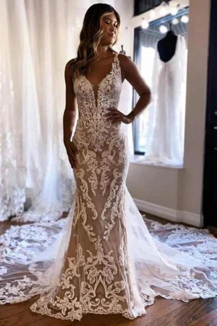 Beautiful Long Mermaid V-neck Sleeveless Lace Backless Wedding Dress with Train (ZD15601)