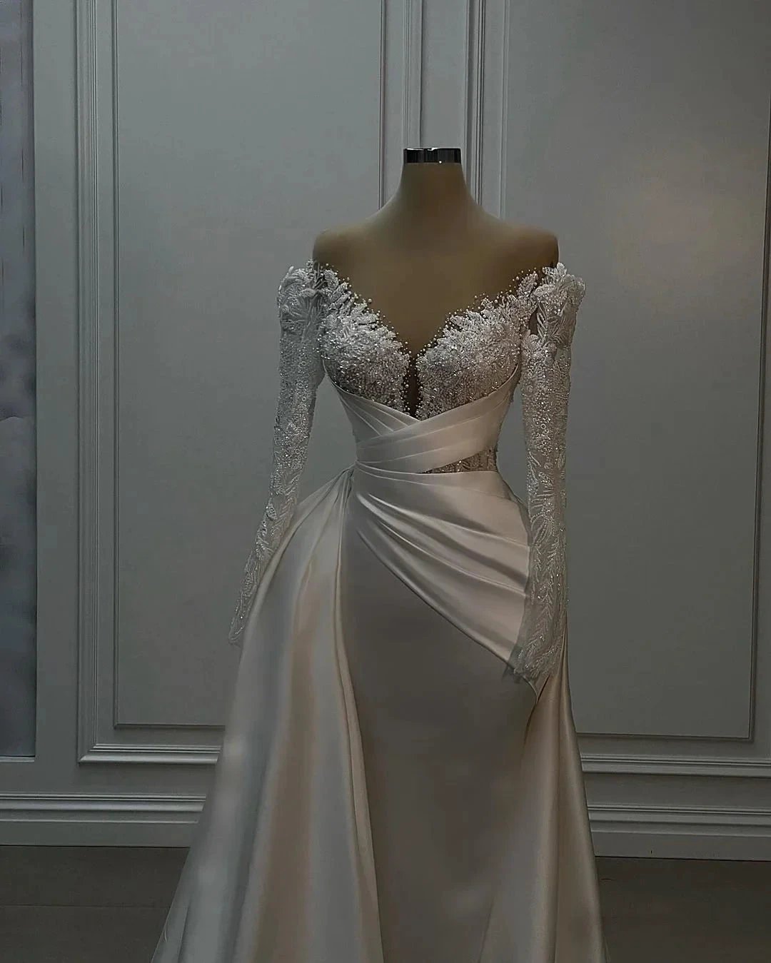 Beautiful Long White A-line Lace Satin Wedding Dress With Long Sleeves (ZD15679)