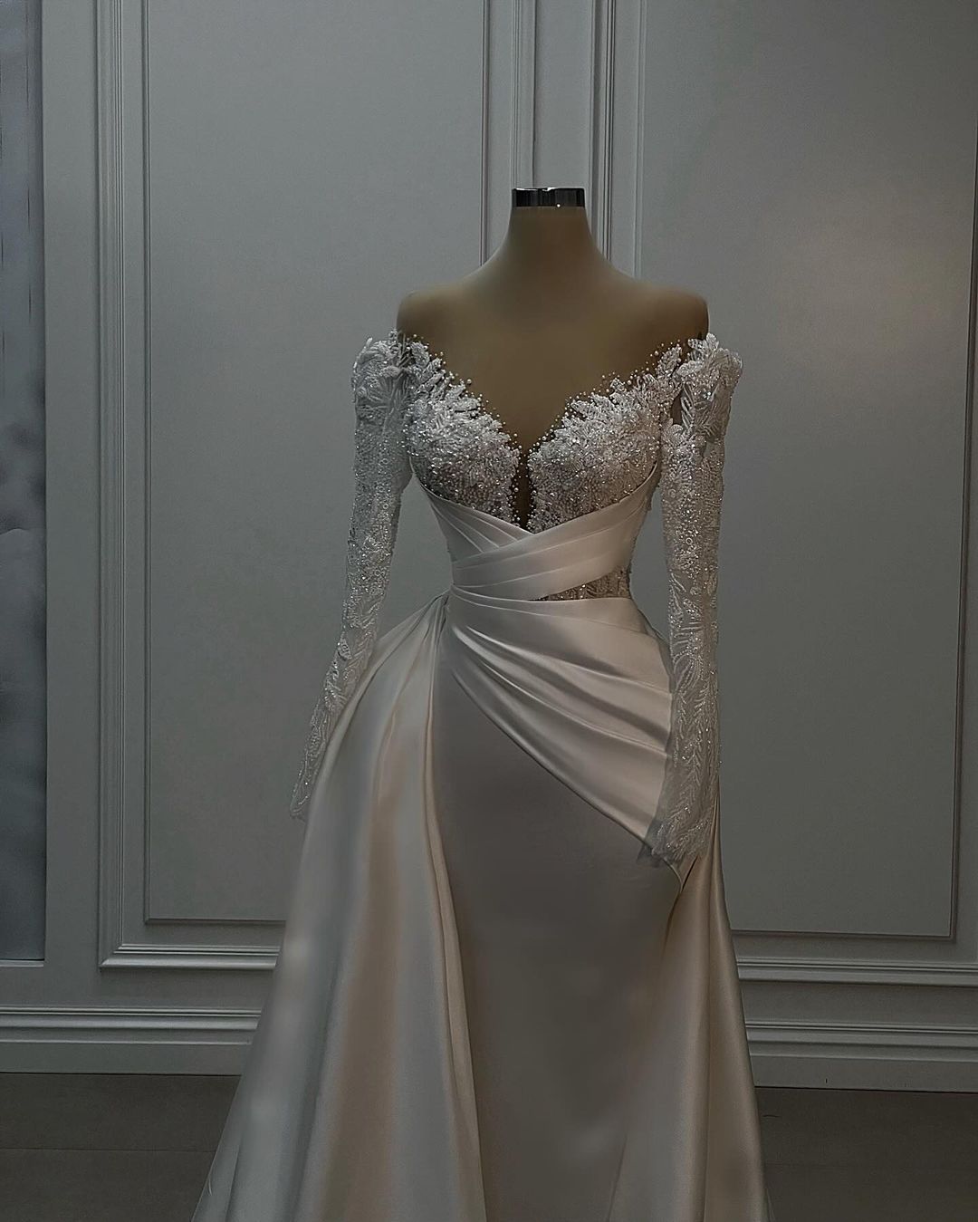 Gorgeous Long White A-line Lace Satin Wedding Dress With Long Sleeves (ZD17478)