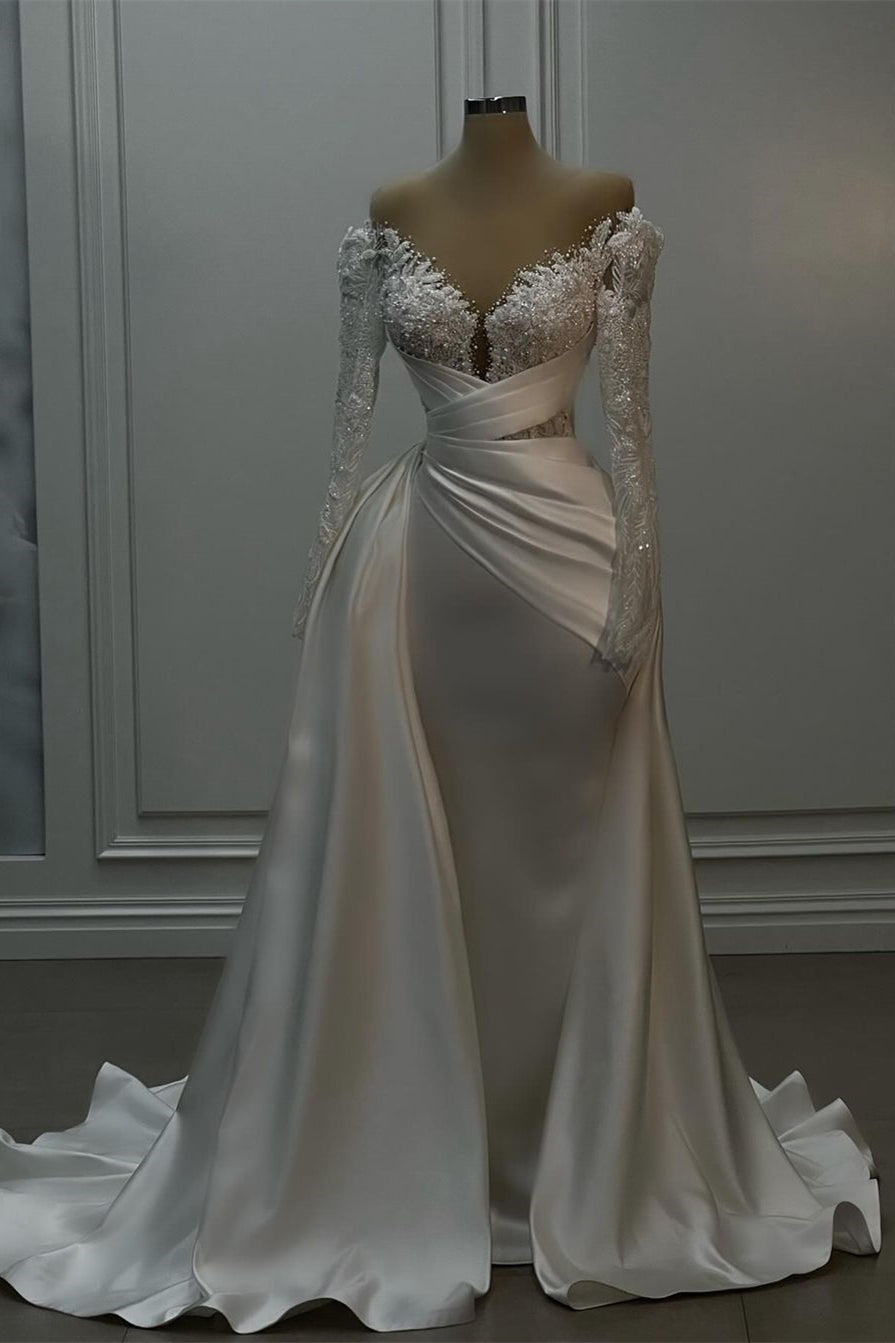Gorgeous Long White A-line Lace Satin Wedding Dress With Long Sleeves (ZD17478)