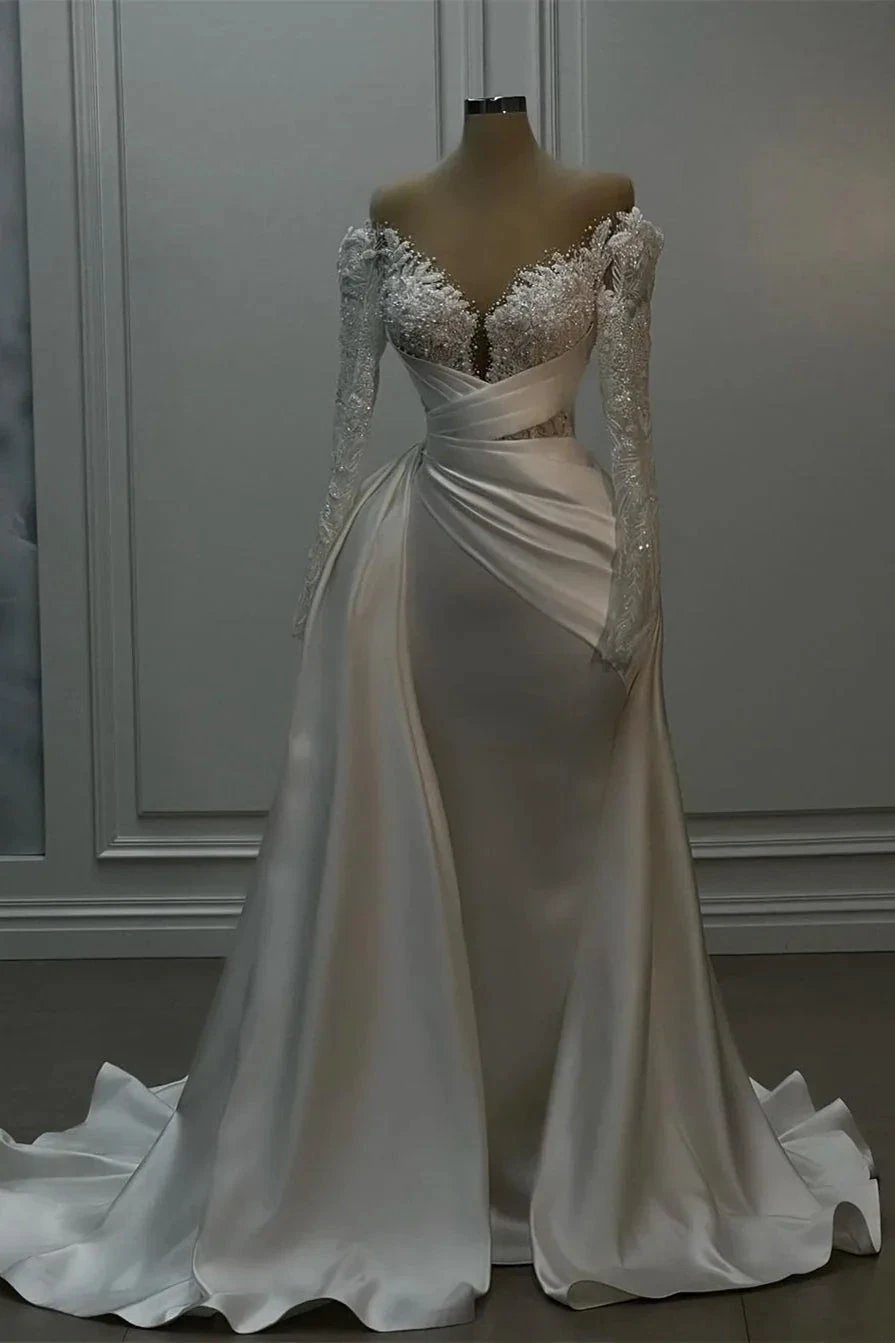 Beautiful Long White A-line Lace Satin Wedding Dress With Long Sleeves (ZD15679)