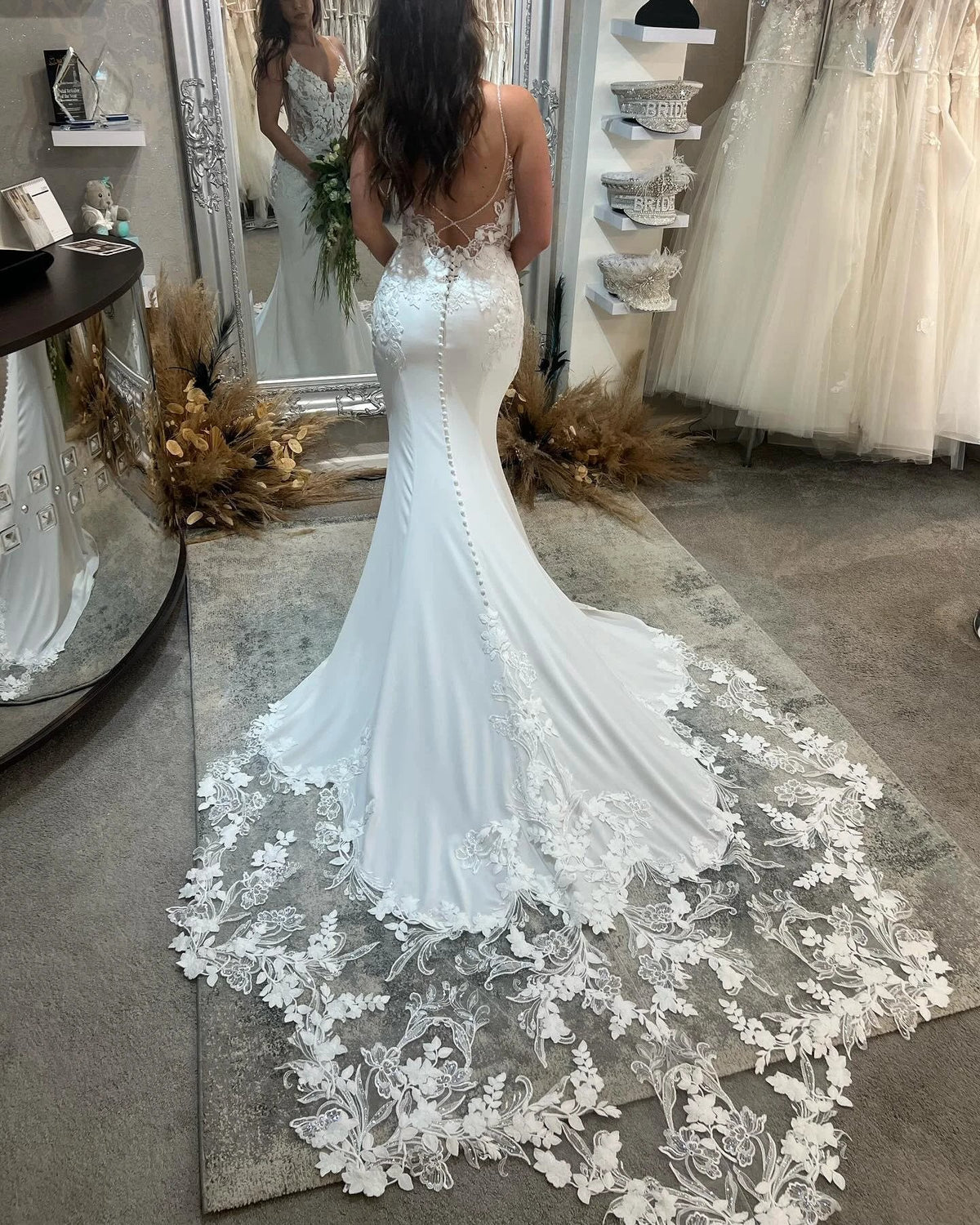 Beautiful Mermaid Spaghetti Straps Sleeveless Sequined Lace Wedding Dresses (ZD16480) - View 3 | VelvetHem