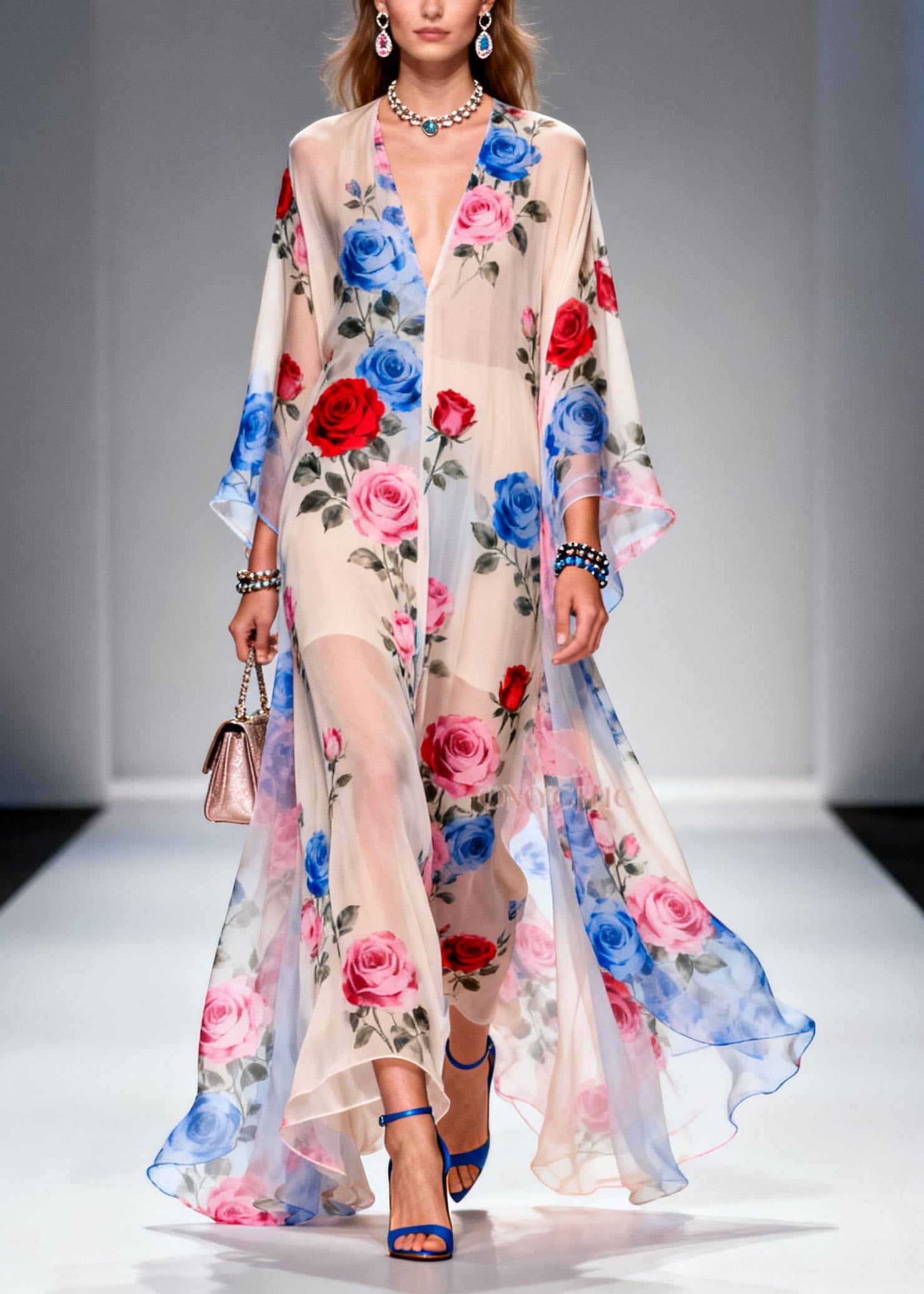 Beautiful Oversized Floral Print Chiffon Holiday Dress Summer