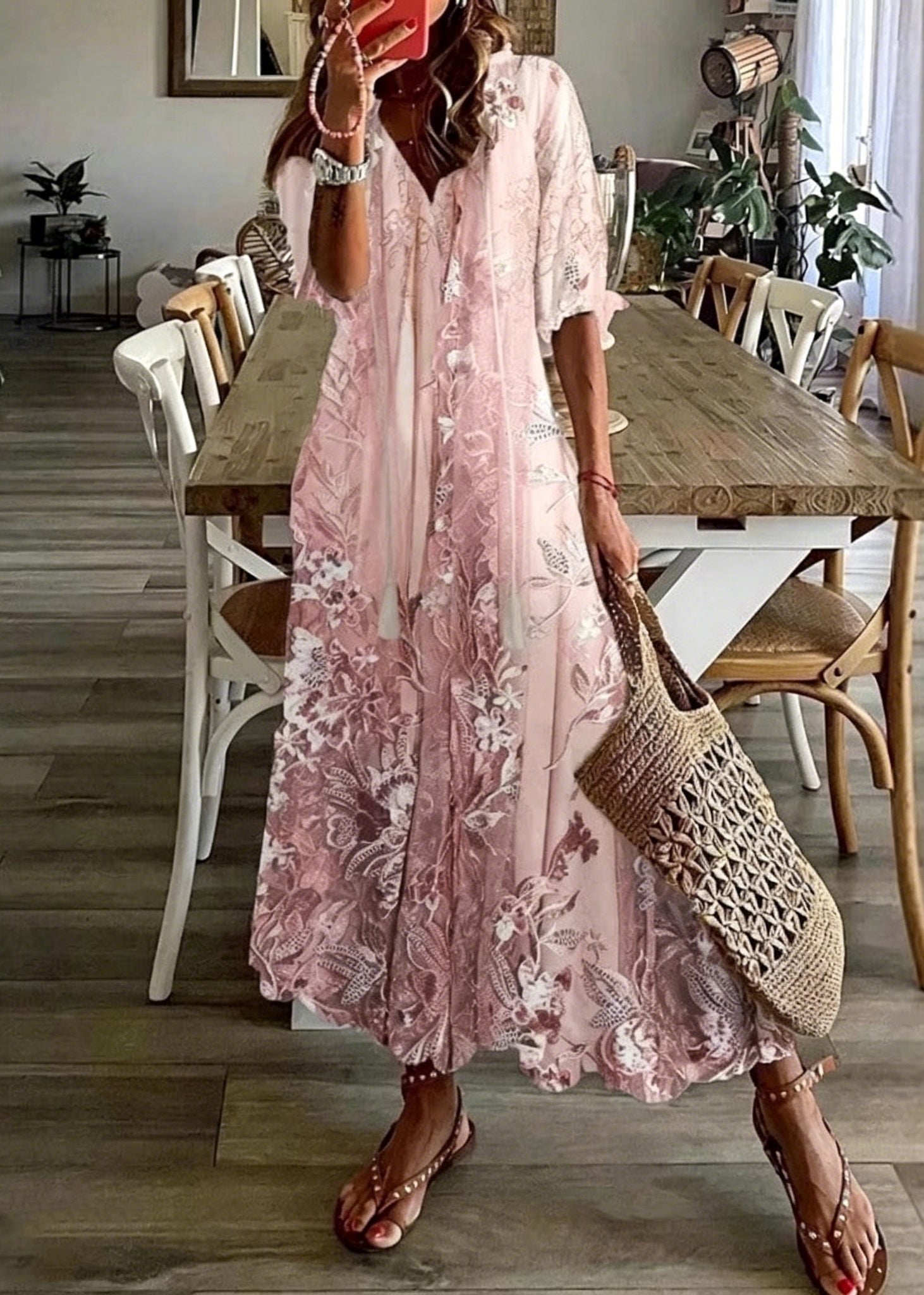 Beautiful Pink V Neck Print Chiffon Maxi Dresses Summer