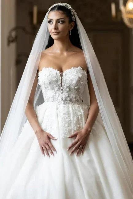 Beautiful Princess Long A-line White Strapless Wedding Dresses with Lace (ZD15614) - View 2 | VelvetHem