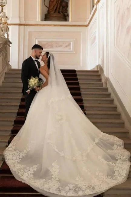 Beautiful Princess Long A-line White Strapless Wedding Dresses with Lace (ZD15614) - View 3 | VelvetHem