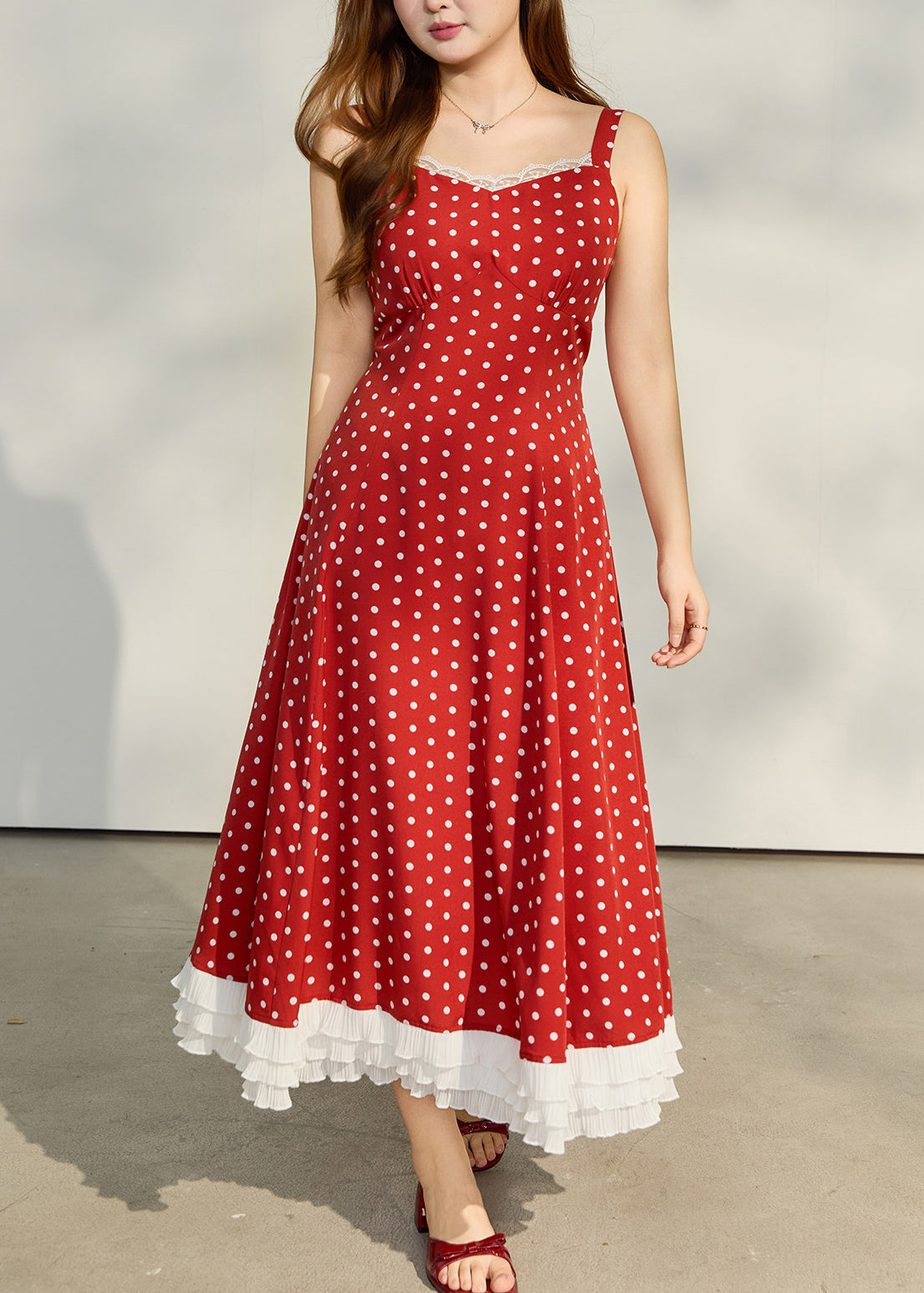 Beautiful Red Dot Lace Patchwork Chiffon Sundress Summer