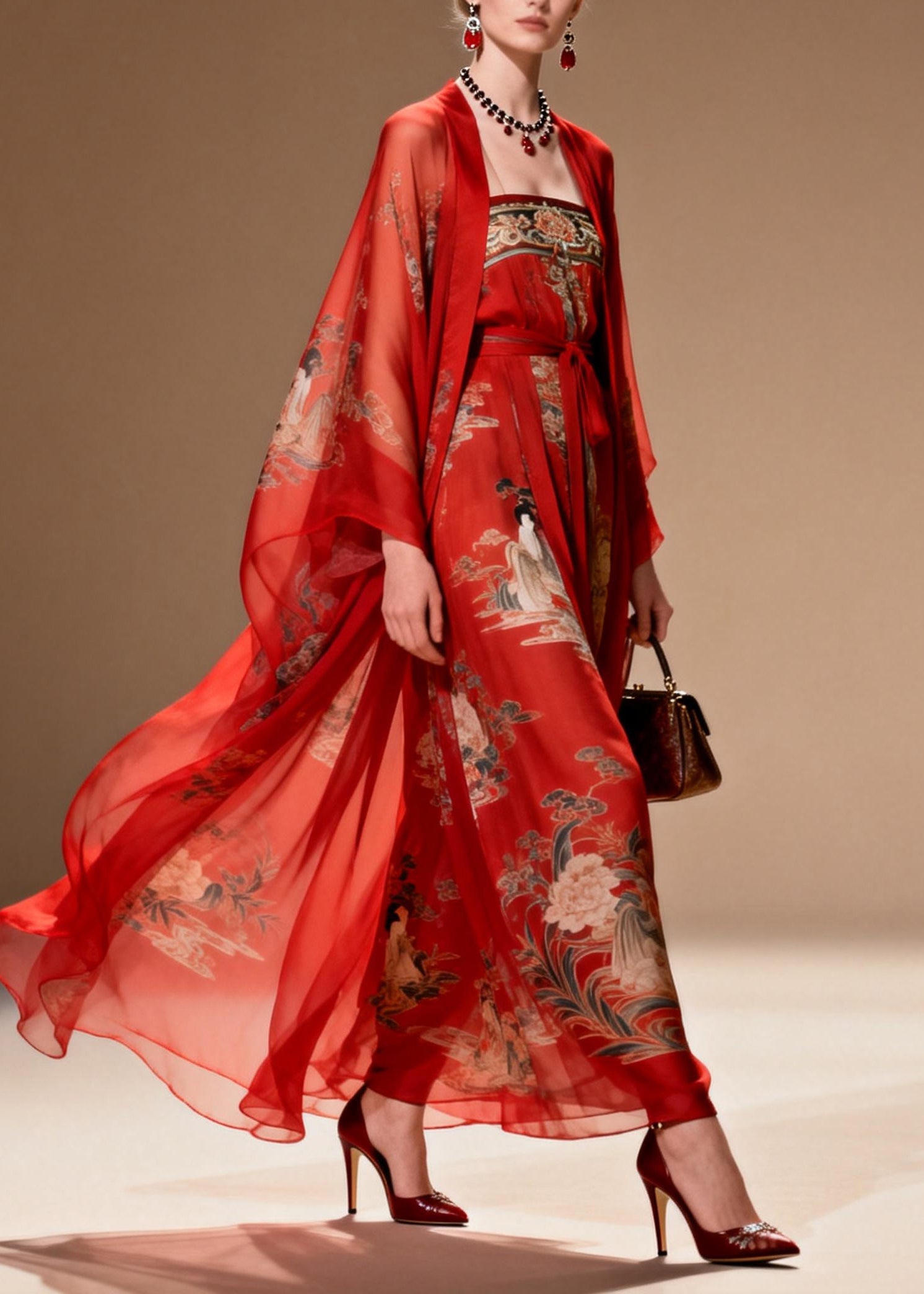Beautiful Red Print Draping Chiffon Oriental Dress Two Piece Suit Set Summer
