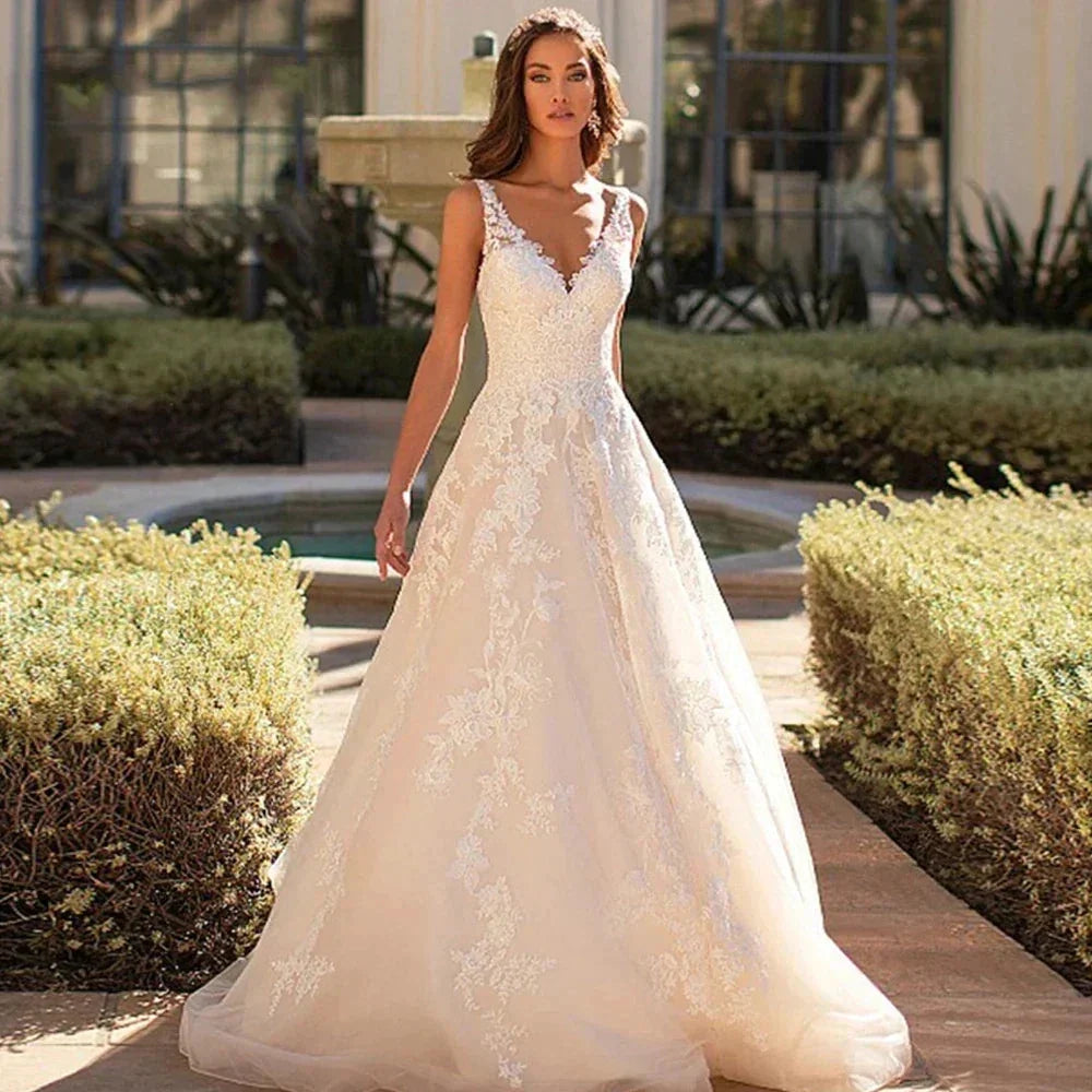 Beautiful Romantic A-line V-neck Sleeveless Sexy Backless Wedding Dresses New For Women Grace Flowers Gorgeous Bridal Gowns (ZD14229)