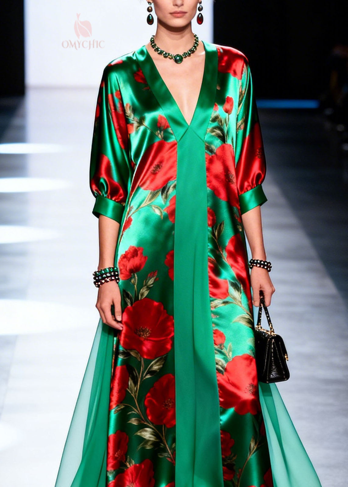 Beautiful V Neck Print Patchwork Chiffon Maxi Dresses Summer