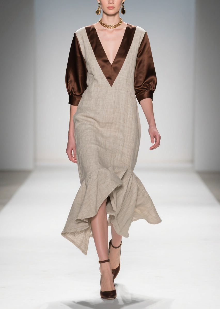 Beautiful V Neck Ruffled Patchwork Linen Silk Dress Summer
