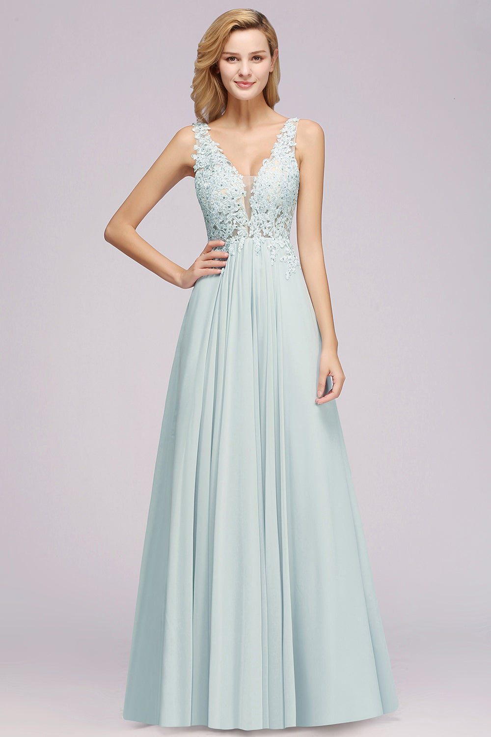 Beautiful V-Neck Sleeveless Floor-Length Chiffon A-Line Prom Dresses with Open Back
