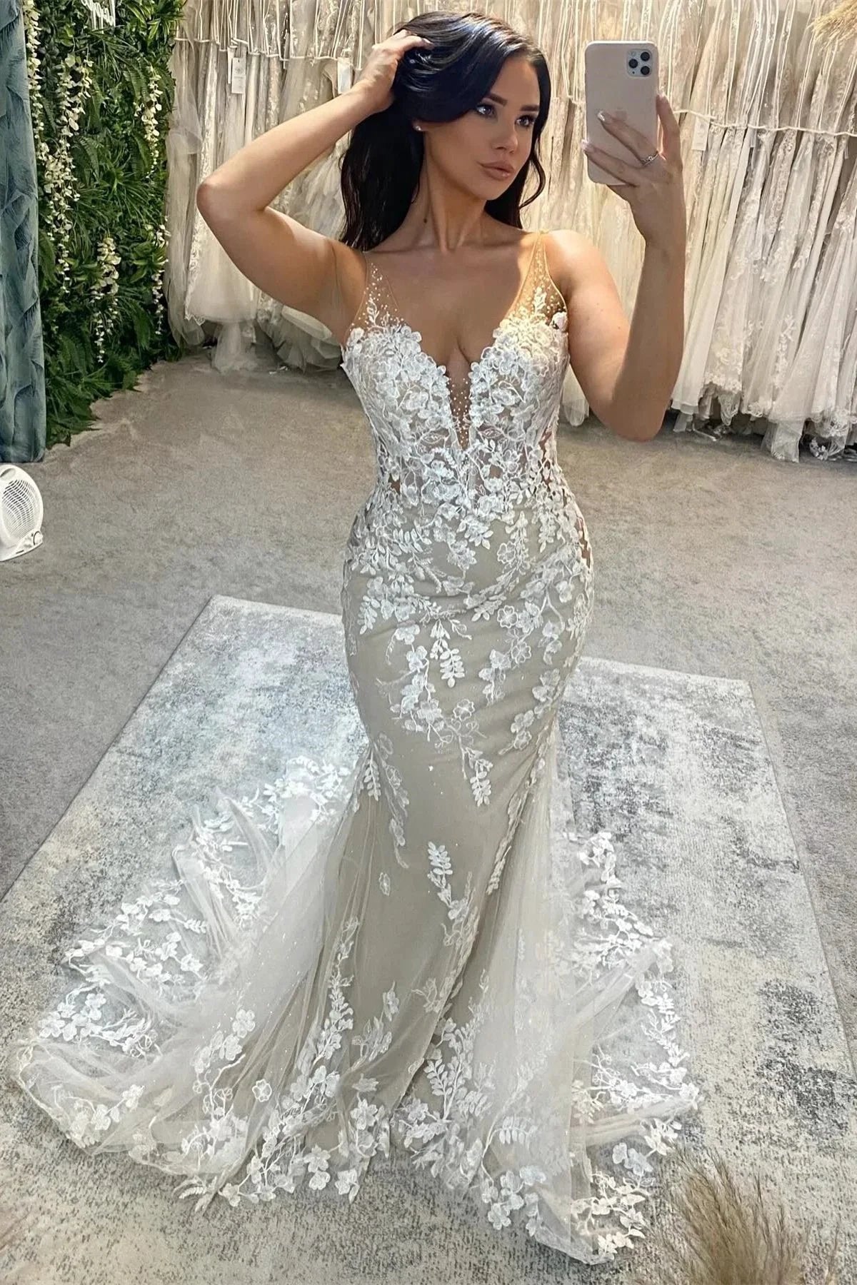 Beautiful V-neck Spaghetti Straps Mermaid Sleeveless Tulle Wedding Dress with lace (ZD15629) - VelvetHem
