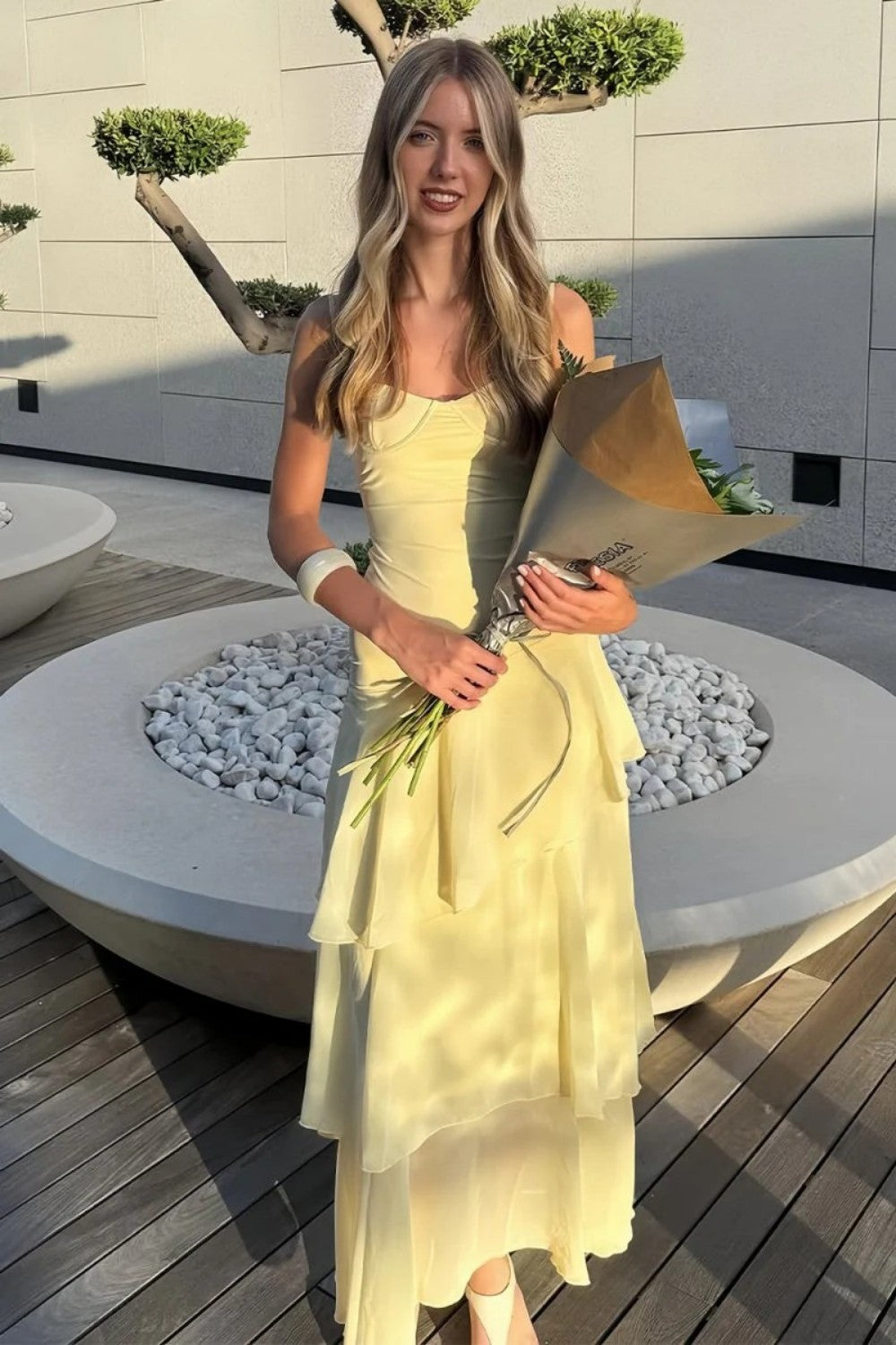 Beautiful A Line Spaghetti Straps Yellow Long Prom Dress with Ruffles - FashionDia
