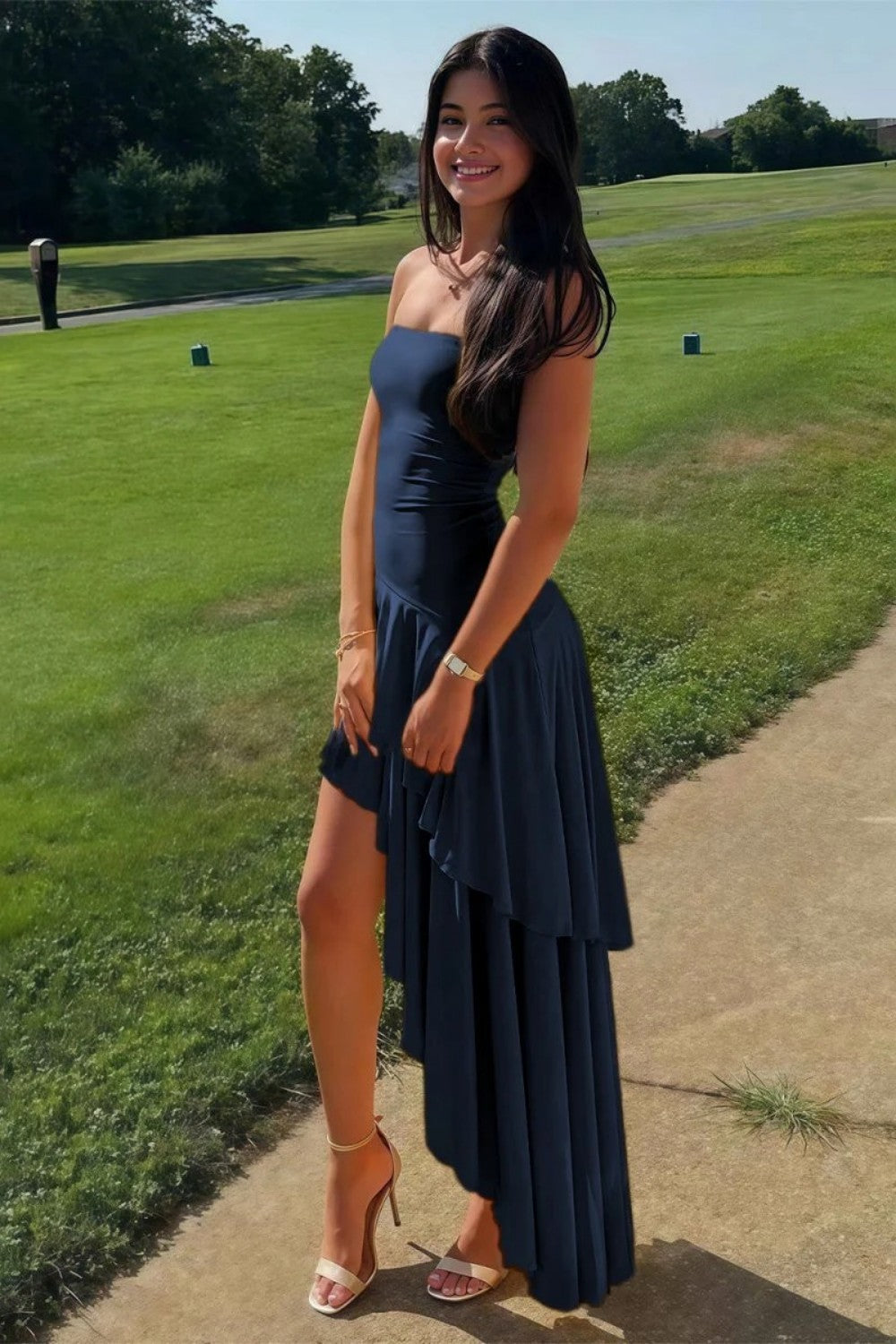 Beautiful A Line Strapless Blue Long Prom Dress with Ruffles