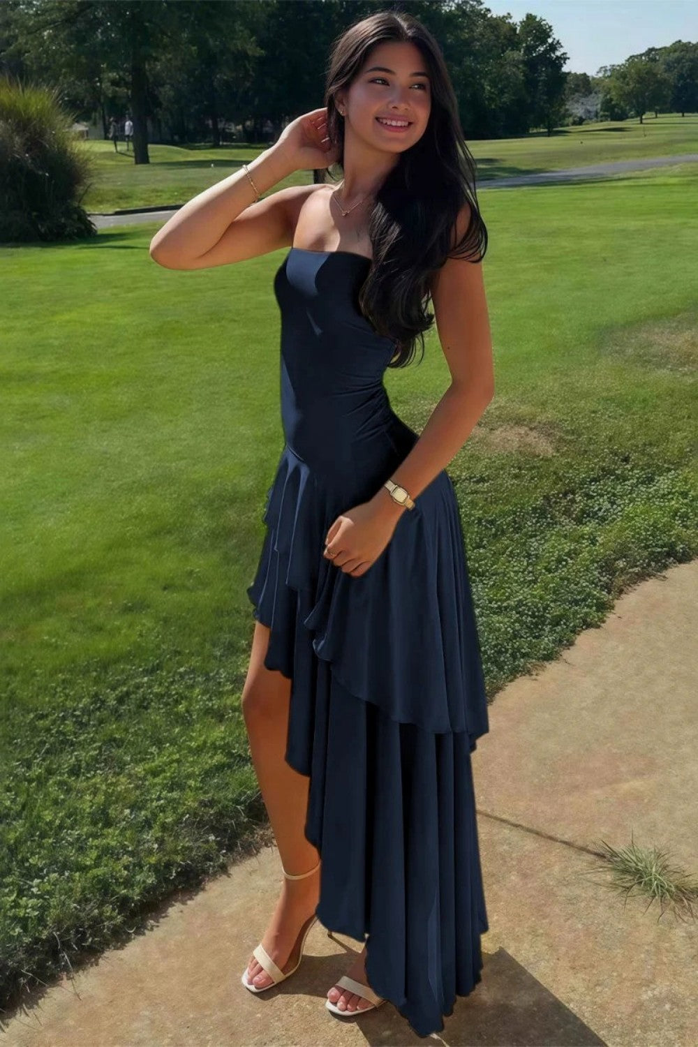 Beautiful A Line Strapless Blue Long Prom Dress with Ruffles