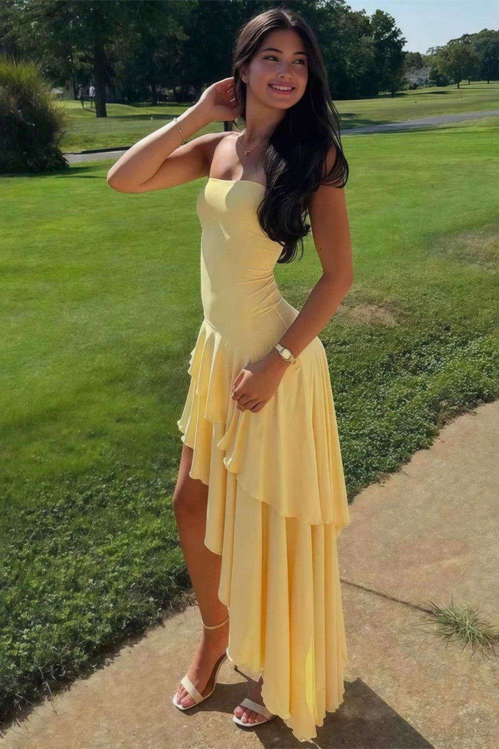Beautiful A Line Strapless Blue Long Prom Dress with Ruffles