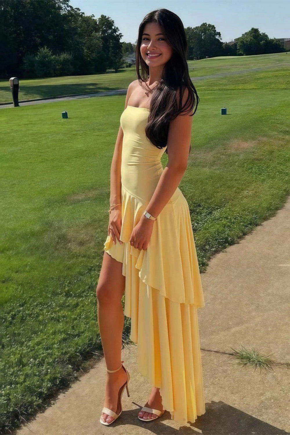 Beautiful A Line Strapless Blue Long Prom Dress with Ruffles