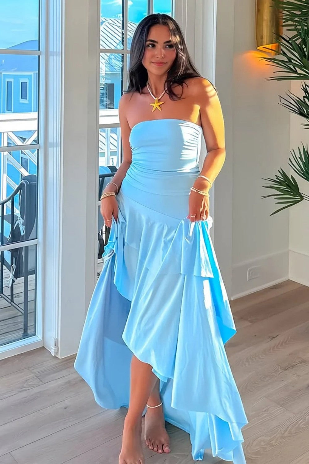Beautiful A-Line Strapless Blue Long Prom Dress with Ruffles - FashionDia