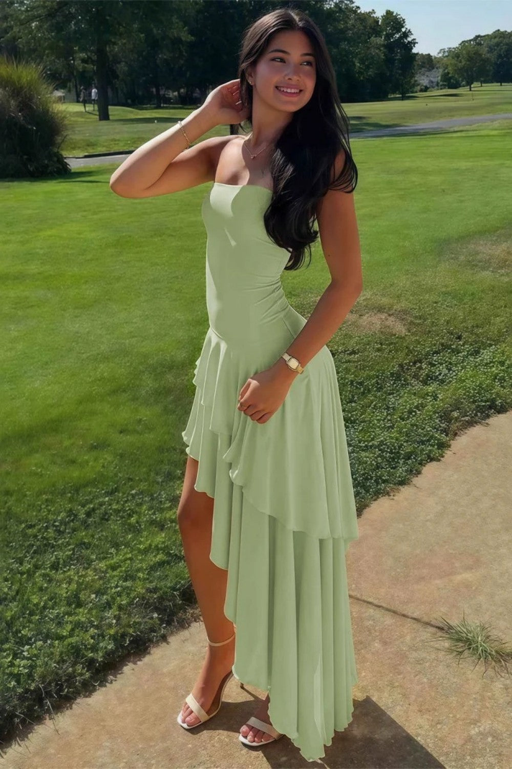 Beautiful A Line Strapless Blue Long Prom Dress with Ruffles