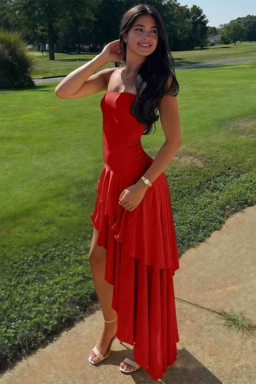 Beautiful A Line Strapless Blue Long Prom Dress with Ruffles