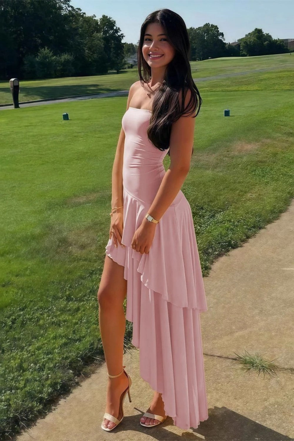 Beautiful A Line Strapless Blue Long Prom Dress with Ruffles