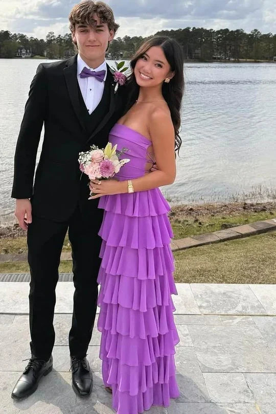 Beautiful A Line Strapless Purple Long Prom Dress with Ruffles