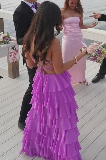 Beautiful A Line Strapless Purple Long Prom Dress with Ruffles