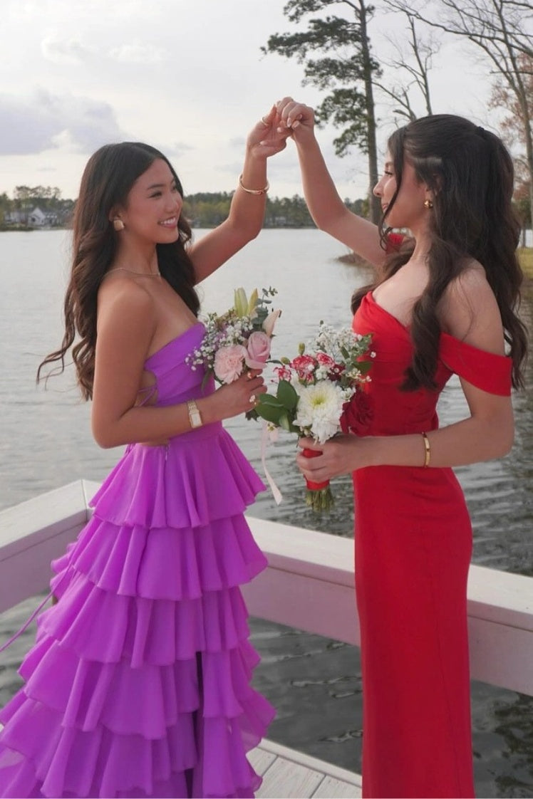 Beautiful A Line Strapless Purple Long Prom Dress with Ruffles