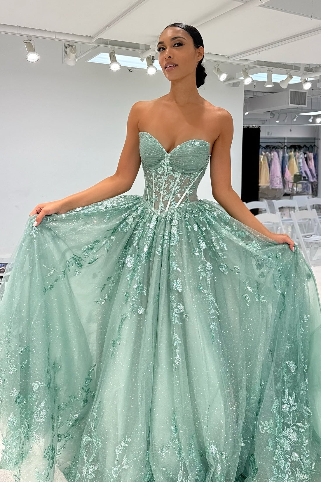 Beautiful A Line Sweetheart Green Corset Prom Dress with Appliques