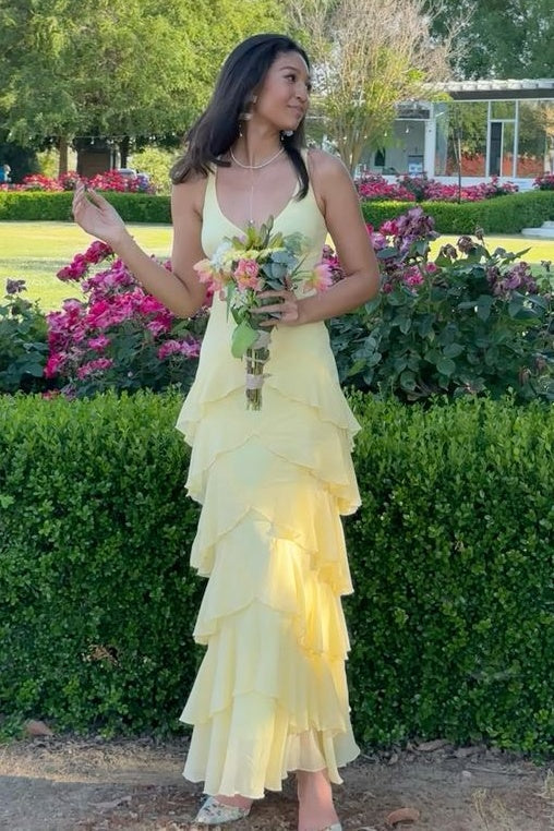 Pretty A Line V Neck Yellow Long Prom Dress with Ruffles