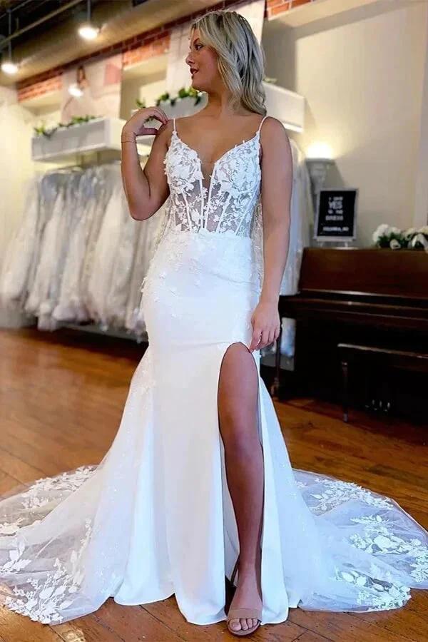 Beautiful Mermaid Satin Lace Wedding Dresses Bridal Gown With Side Slit (ZD16184) - VelvetHem