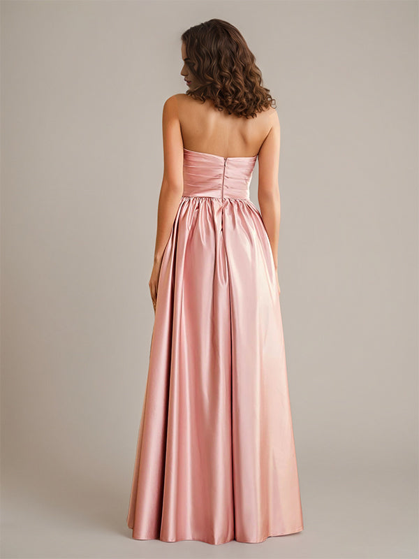 Dusty Rose A Line Satin Off the Shoulder Sleeveless Floor Length Bridesmaid Dresses