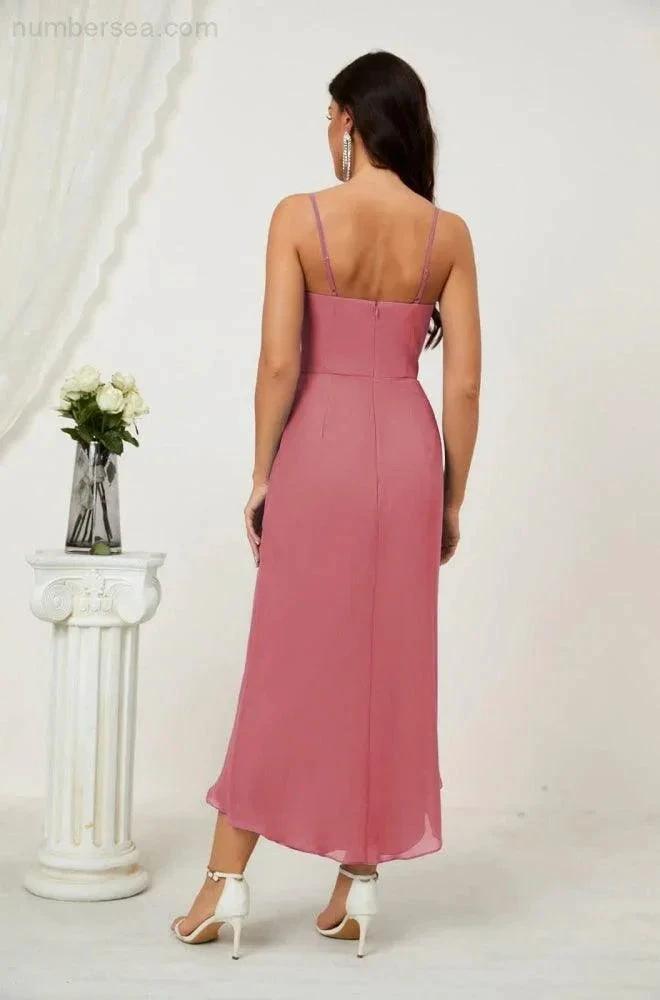ZapDress Spaghetti Chiffon V Neck Bridesmaid Dress Mid-Length Slit Formal Prom Dress Homecoming Dress 2803 (ZD16952)