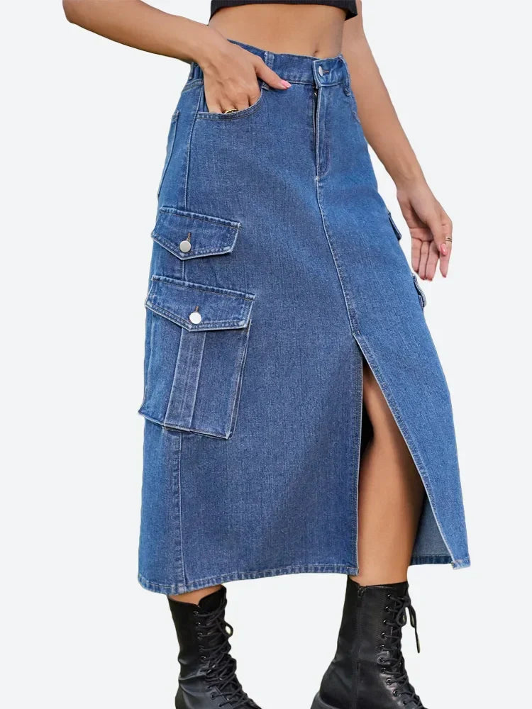 DressBetty - Casual Split Long High Waisted A-Line Cargo Jean Skirt - VelvetHem