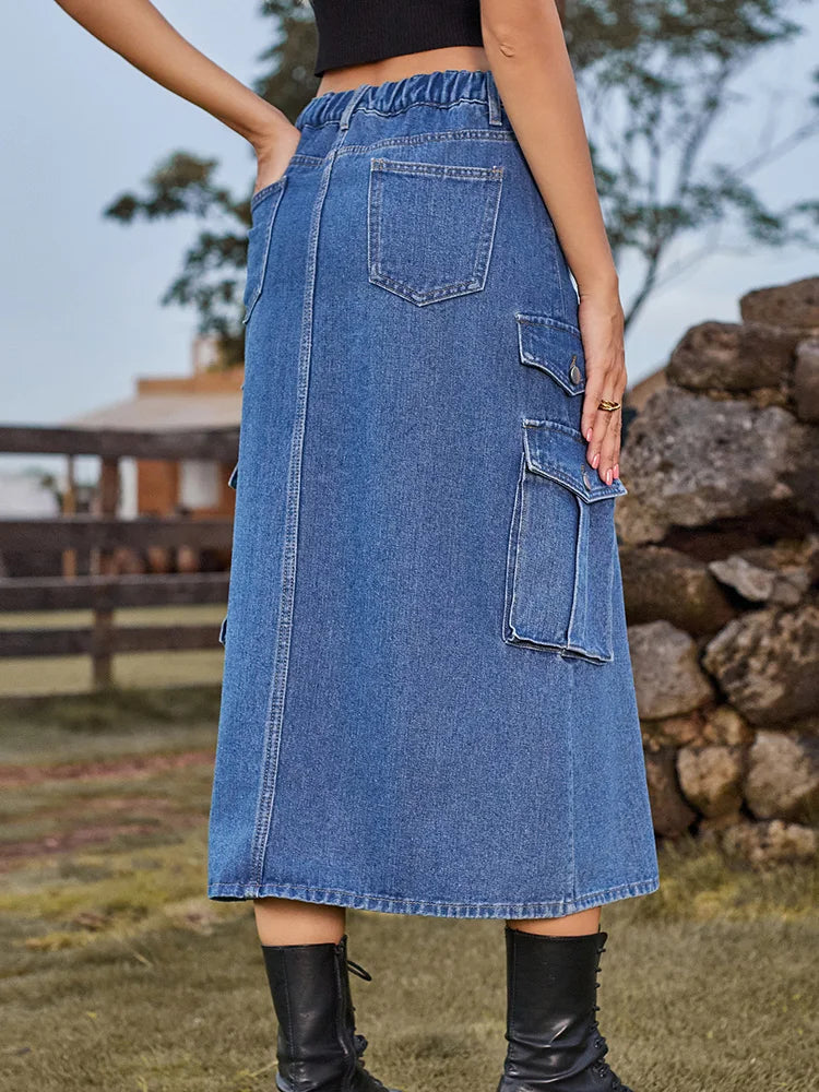 DressBetty - Casual Split Long High Waisted A-Line Cargo Jean Skirt - View 2 | VelvetHem