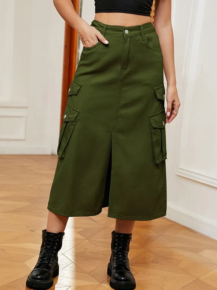 DressBetty - Casual Split Long High Waisted A-Line Cargo Jean Skirt - View 5 | VelvetHem