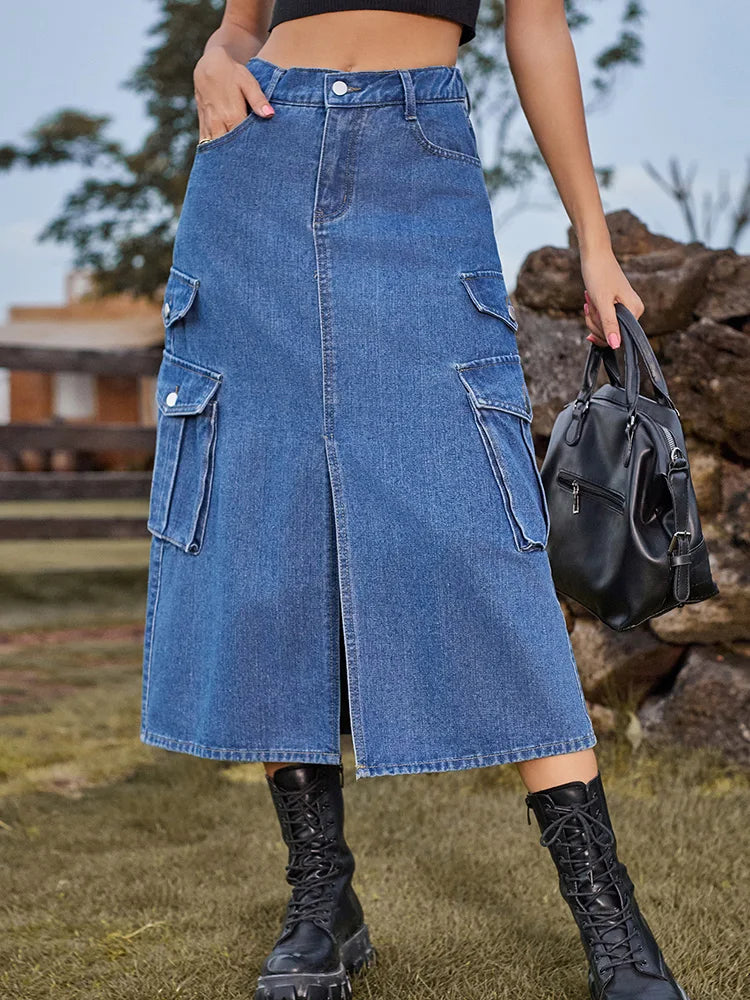 DressBetty - Casual Split Long High Waisted A-Line Cargo Jean Skirt - View 7 | VelvetHem