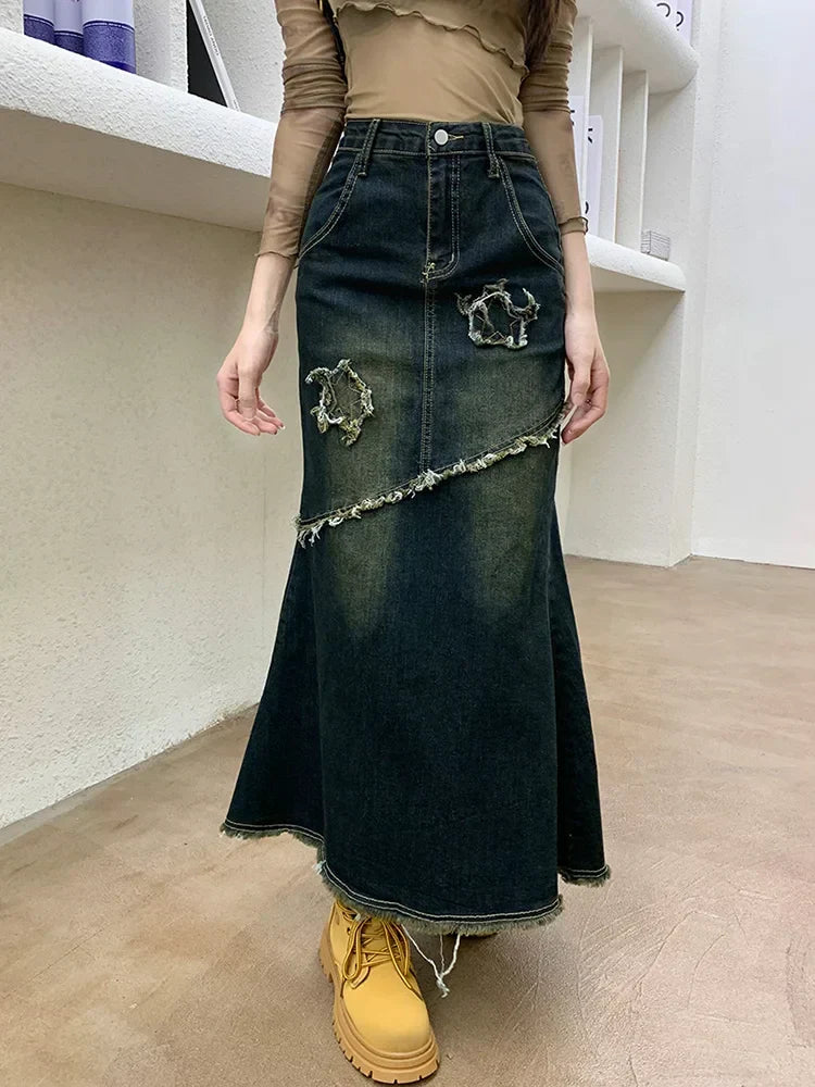 DressBetty - High Waist Raw Trim Mermaid Hem Long Denim Skirt - View 4 | VelvetHem