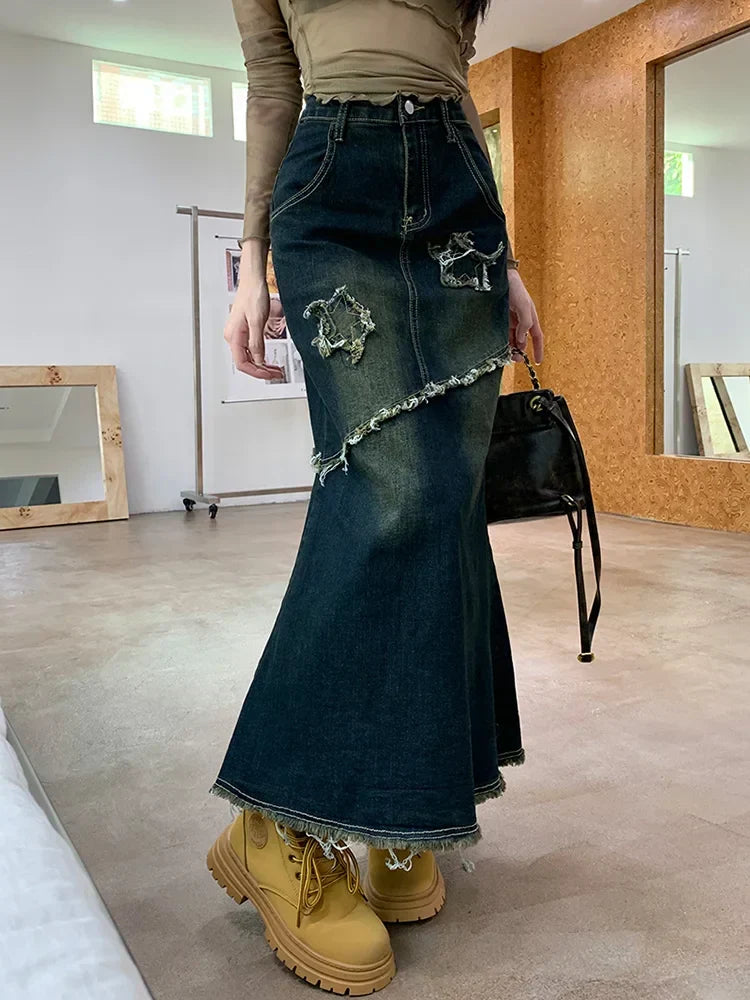 DressBetty - High Waist Raw Trim Mermaid Hem Long Denim Skirt - View 6 | VelvetHem