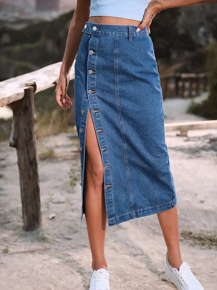 DressBetty - Streetwear Button Denim Skirt Bodycon Long Skirt - View 4 | VelvetHem